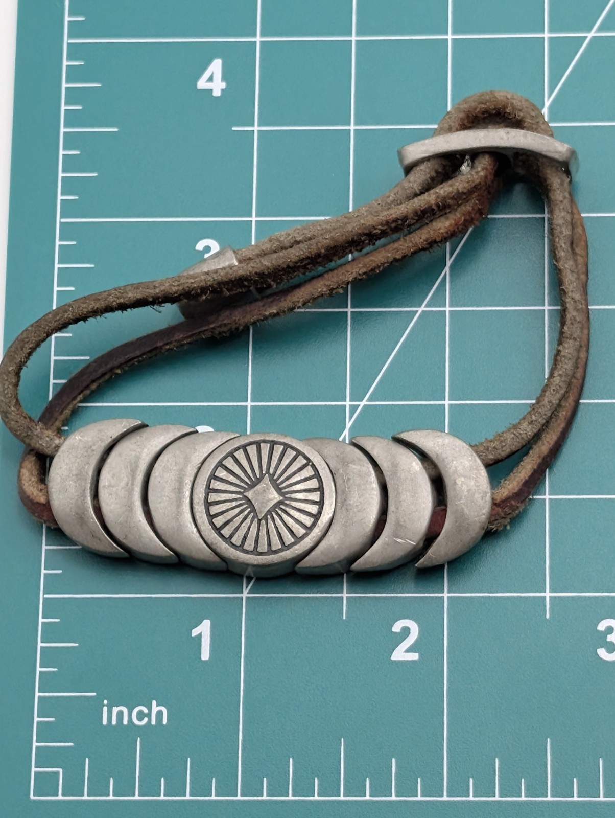 Vintage Pewter Triple Moon Bracelet Leather Cord Celestial Boho Slider Unisex