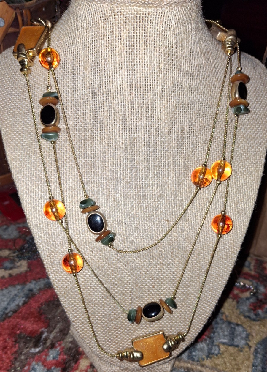 vintage korea gold plate long station necklace amber glass acrylic and enamel