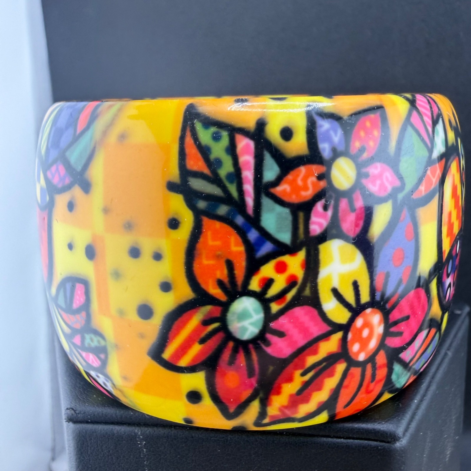 Retro Colorful Bangle Bracelet Wide Chunky Bright Flowers 8.5”