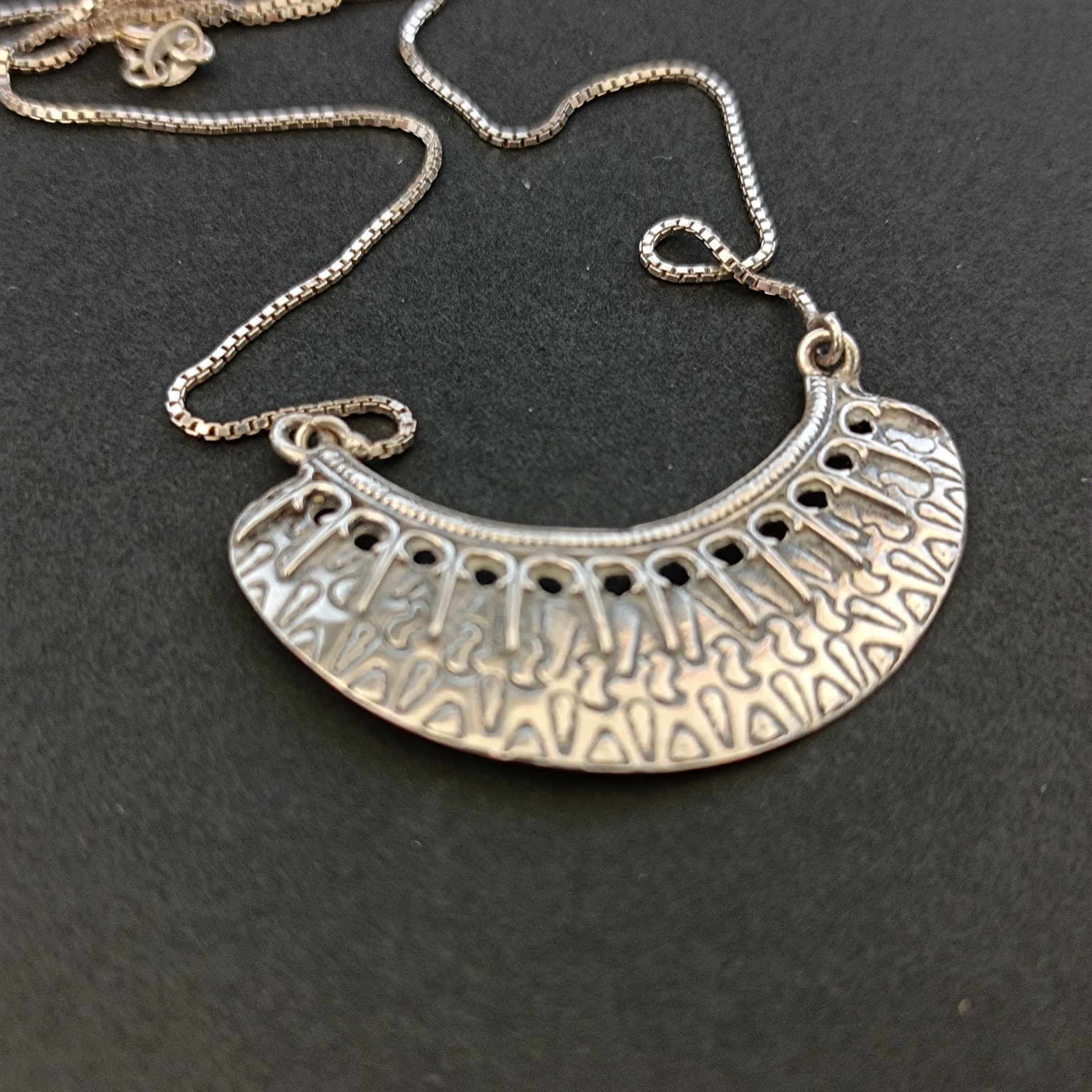 Vintage Sterling Silver Moon Crescent Necklace Ethnic Folk Inspired Engraved Bib