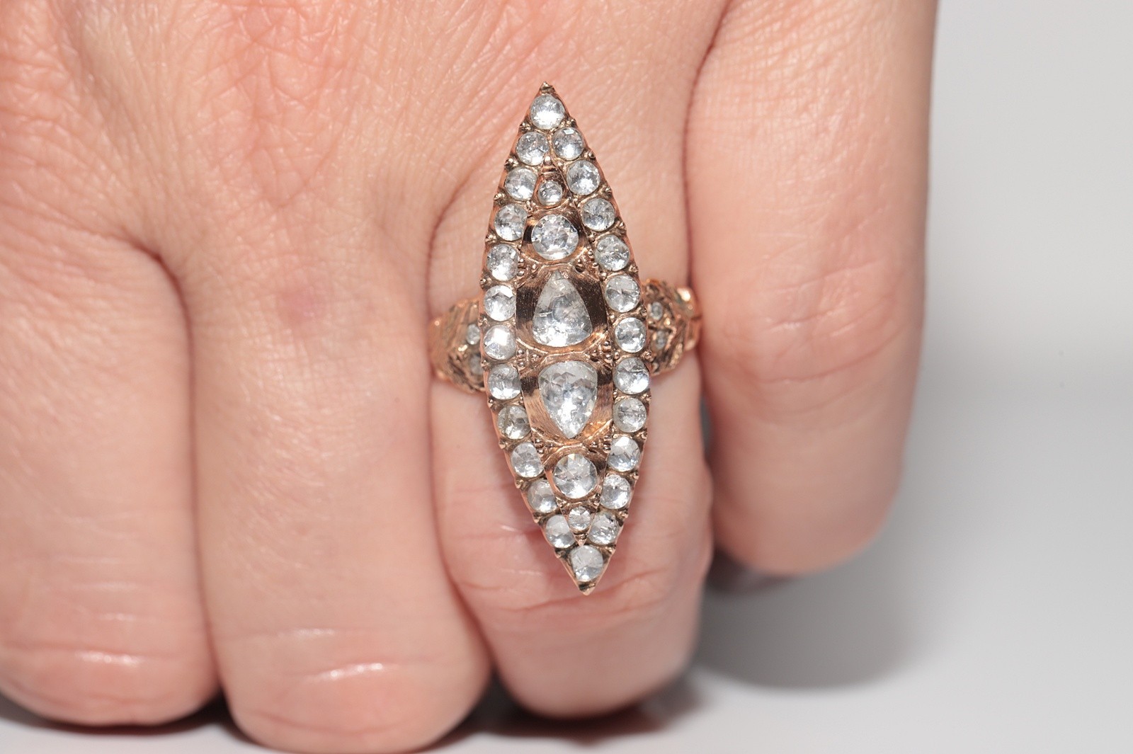 Vintage Circa 1950s 9k Gold Estate Natural Rose Cut Diamond Navette Ring