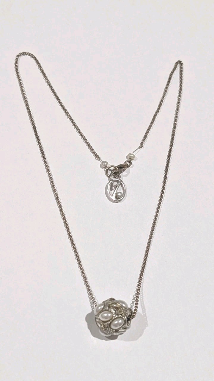 Designer Signed M Sterling Silver Crystal Faux Pearl Slide 18″ Necklace