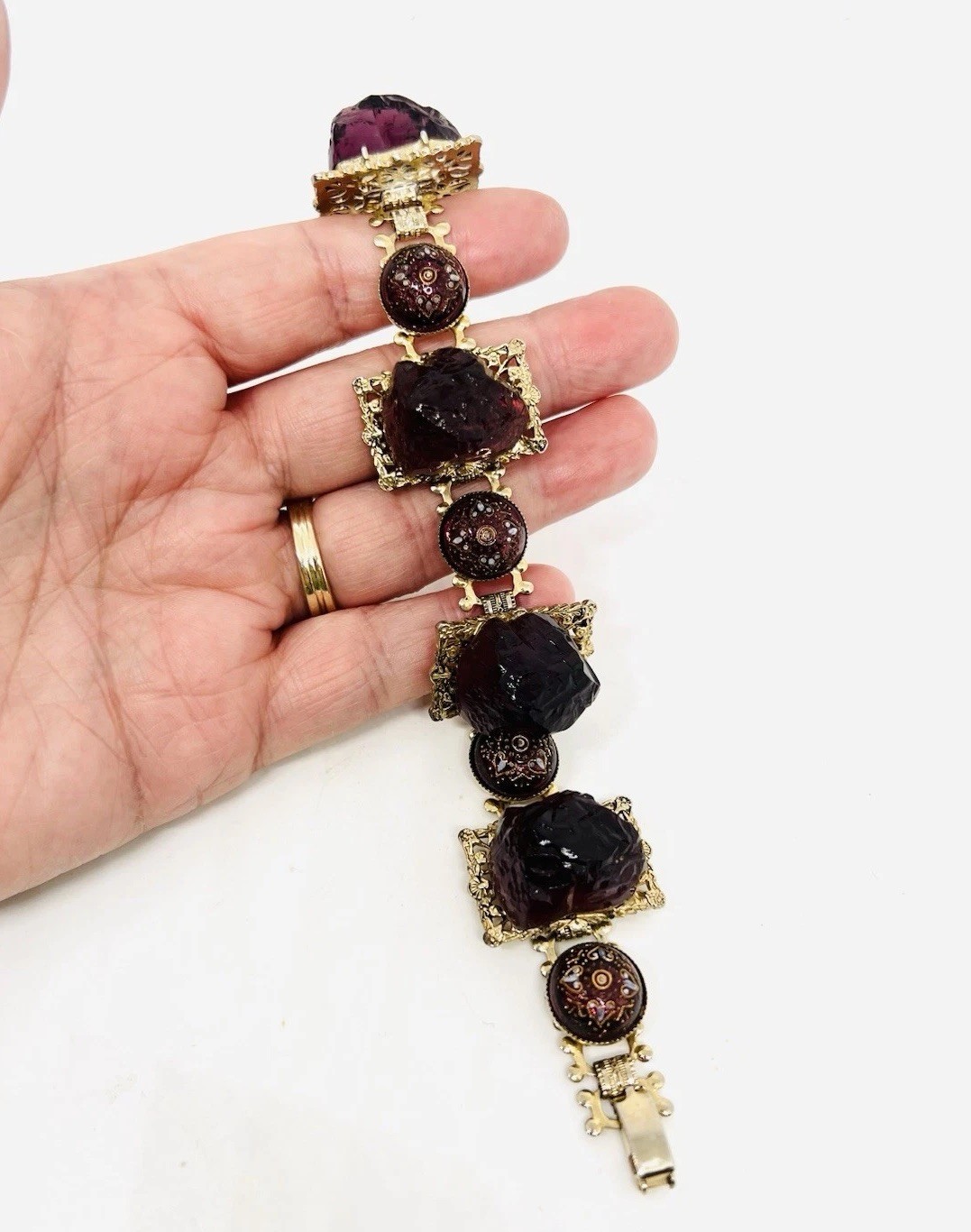 Chunky Purple Molded Glass & Lava Rock 3D Book Chain Bracelet Vintage Jewelry