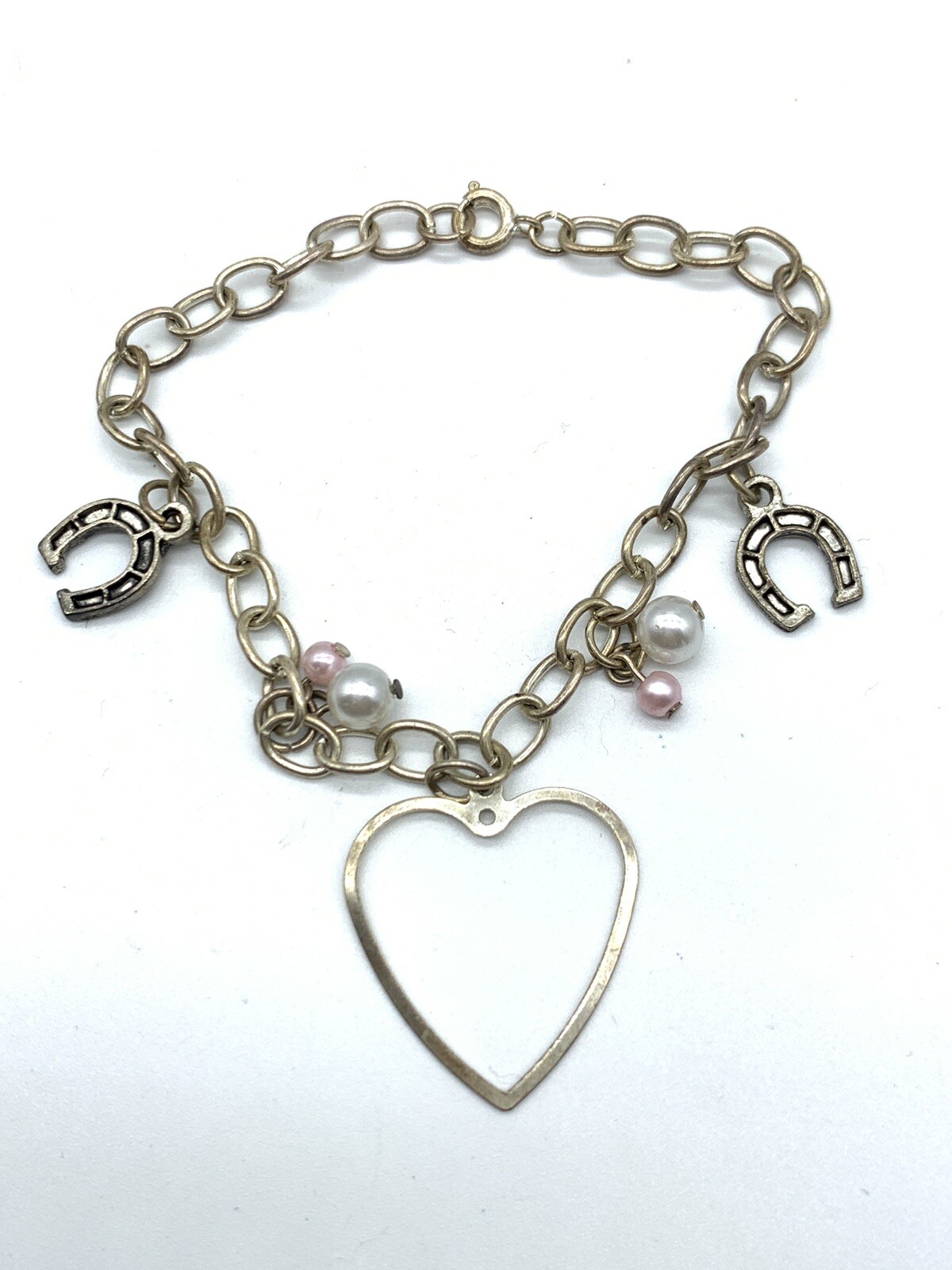 Vintage Charm Bracelet Love Luck Heart Horeshoe Faux Pearl Gold Tone Dangle B10