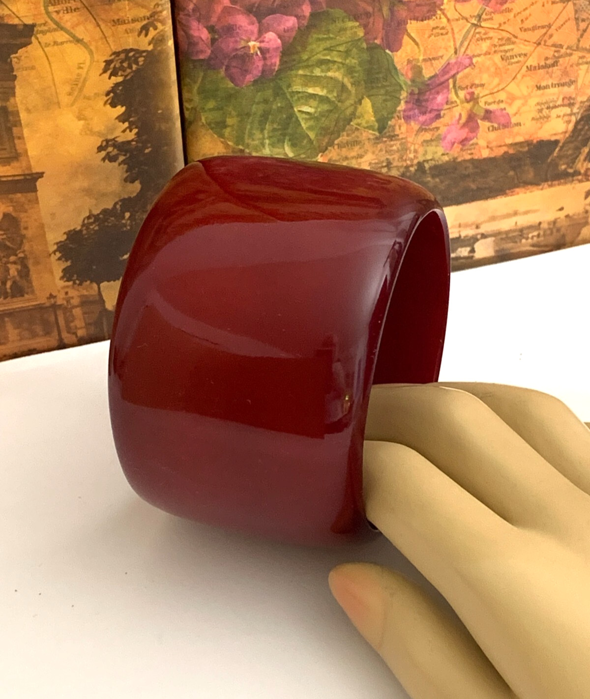Marion Godard Paris Lucite Bangle Bracelet Burgundy Polished Finish Chunky Wide
