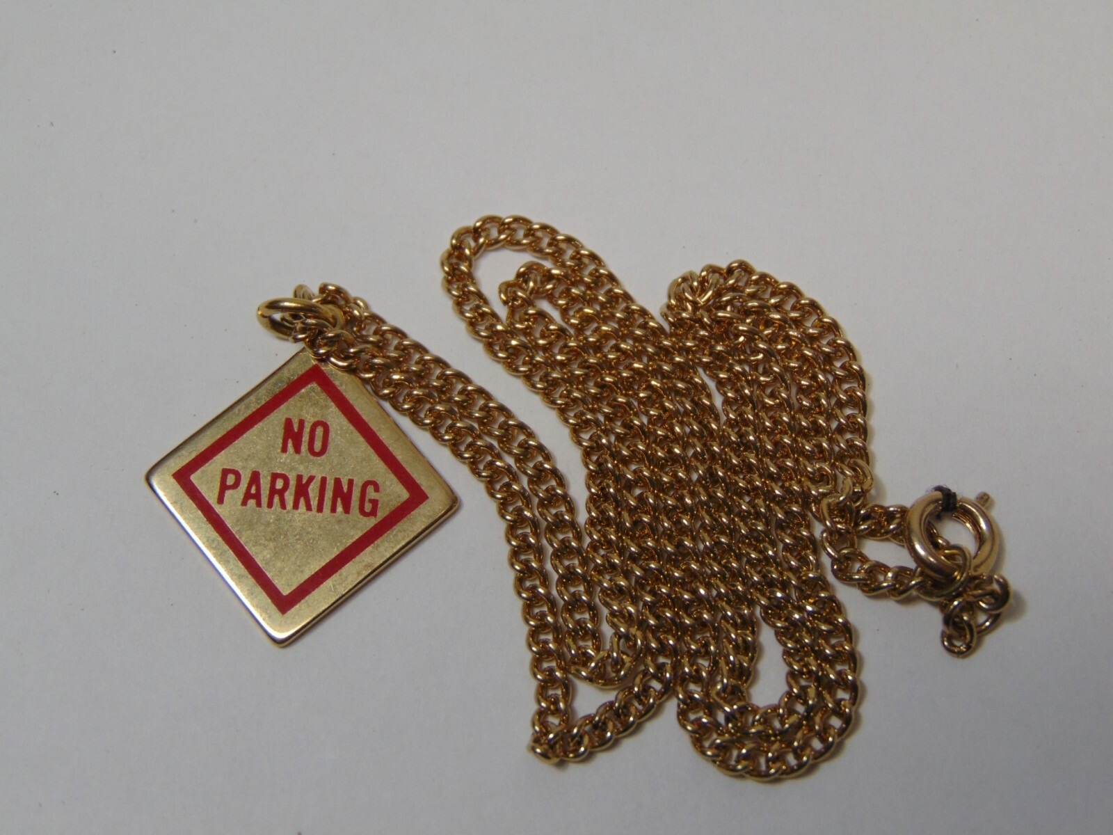 Vintage Gold Tone Swank Necklace NOS Road Sign Pendant Dead End & No Parking 70s