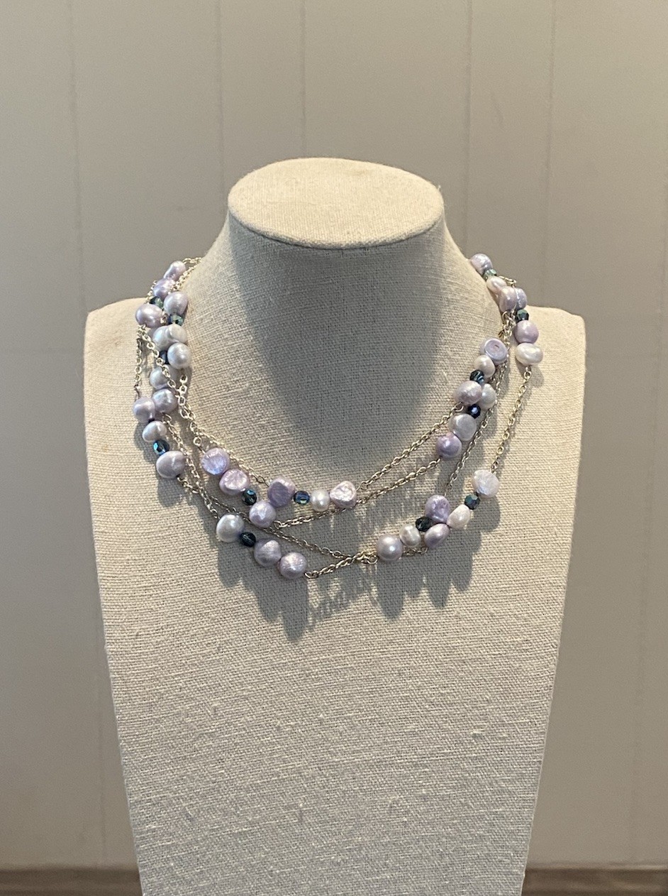 56” Lavender Pearl Silver Tone Chain Necklace With Blue Accent Beads