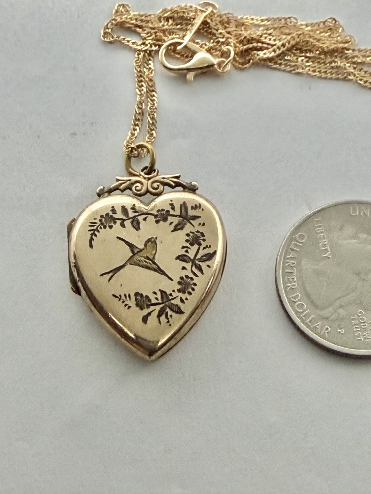 Victorian Aesthetic Movement Bird & Flower Vines Double Sided RG Locket Necklace