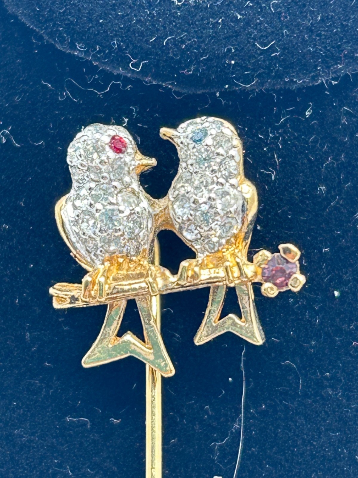 Vtg Panetta Signed Rhinestone Love Birds Stickpin Pin Ruby Amethyst Sapphire