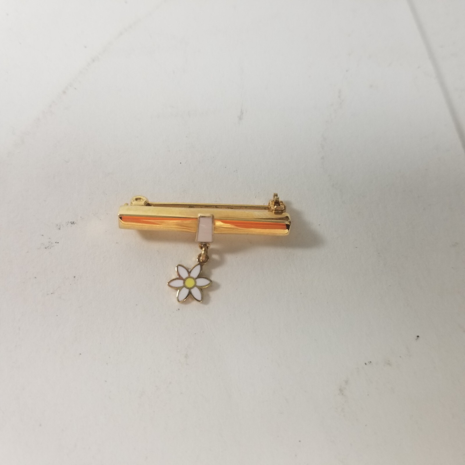 Flower Bar Brooch Pin Enamel Gold Tone Dangle