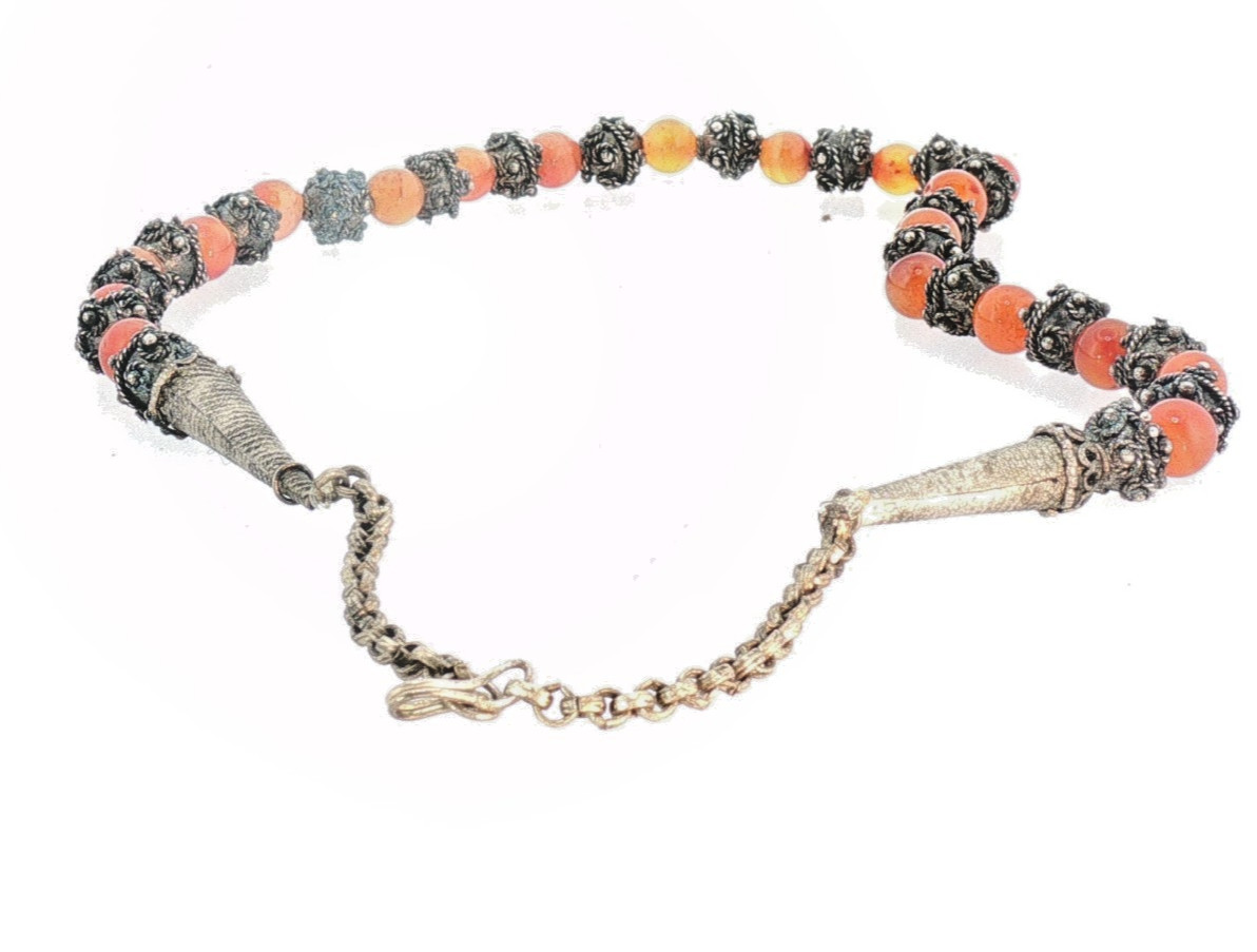 Vintage Orange Stone Bead Necklace – Ornate Metal Filigree Spacers, Boho Tribal