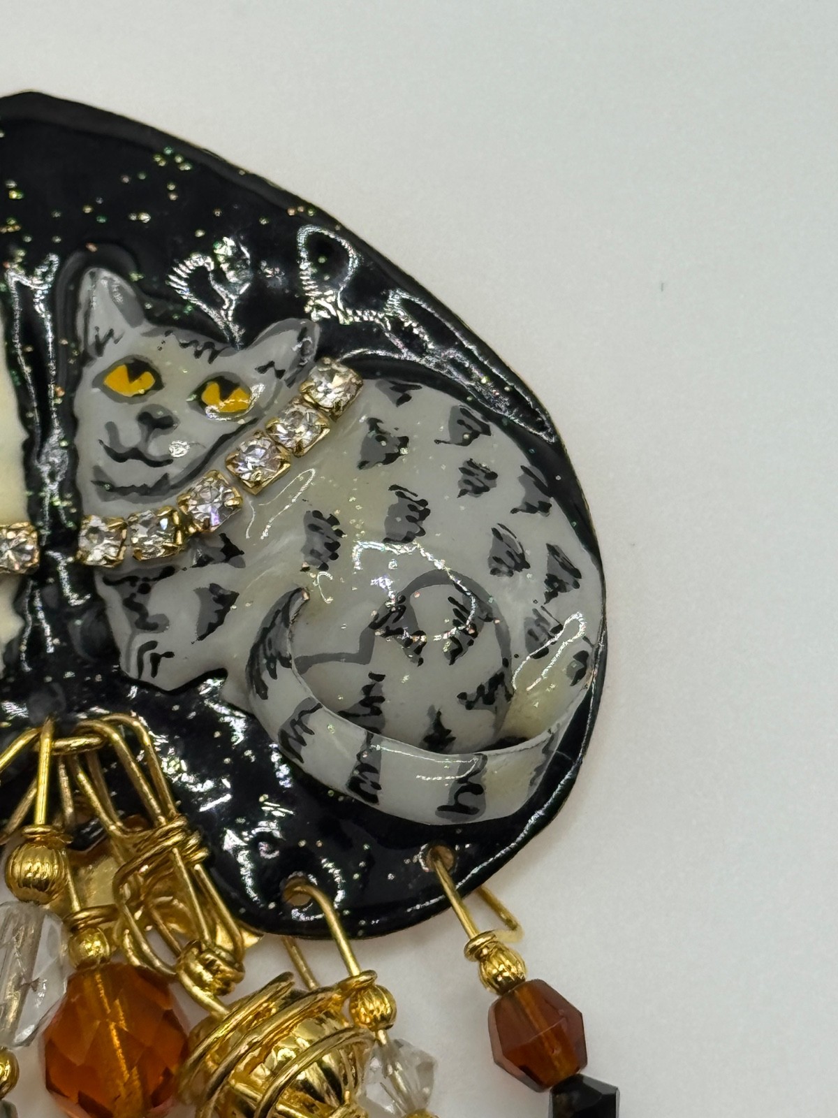Lunch At The Ritz Cat Rhinestone Enamel Dangle Brooch