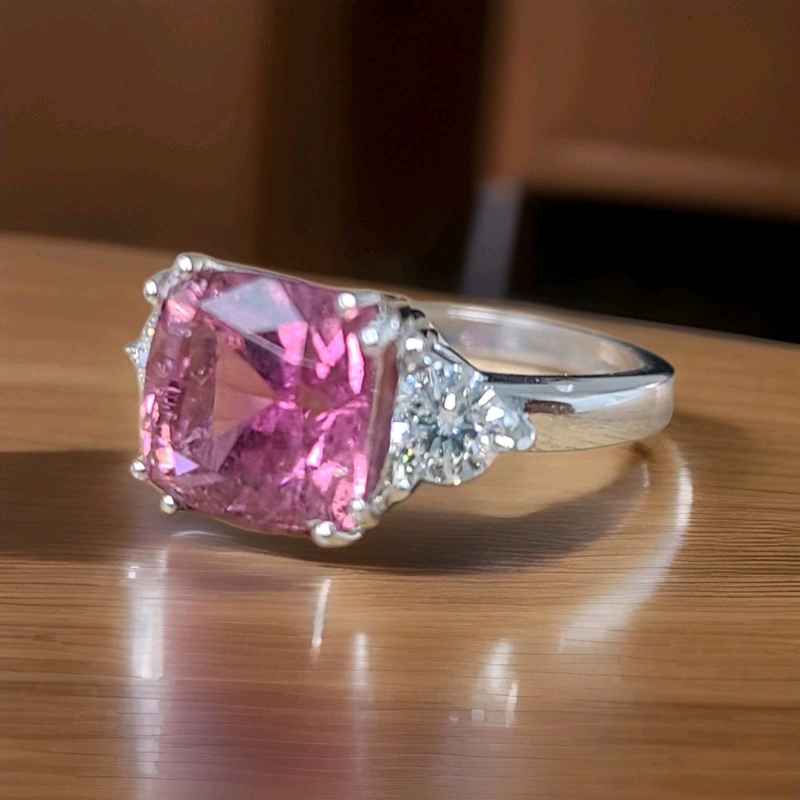 Vintage 14K White Gold Engagement Ring 3.86CT.Natural Pink Tourmaline radiant