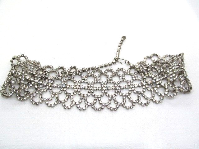 Vintage Full Clear Rhinestone Fancy Filigree Wide Choker Adjustable Necklace