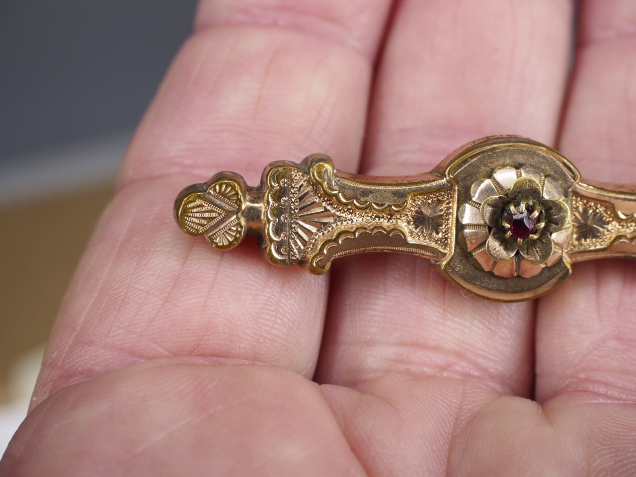 Antique brooch pin hollow rolled gold tube hinge C-clasp jewelry red stone