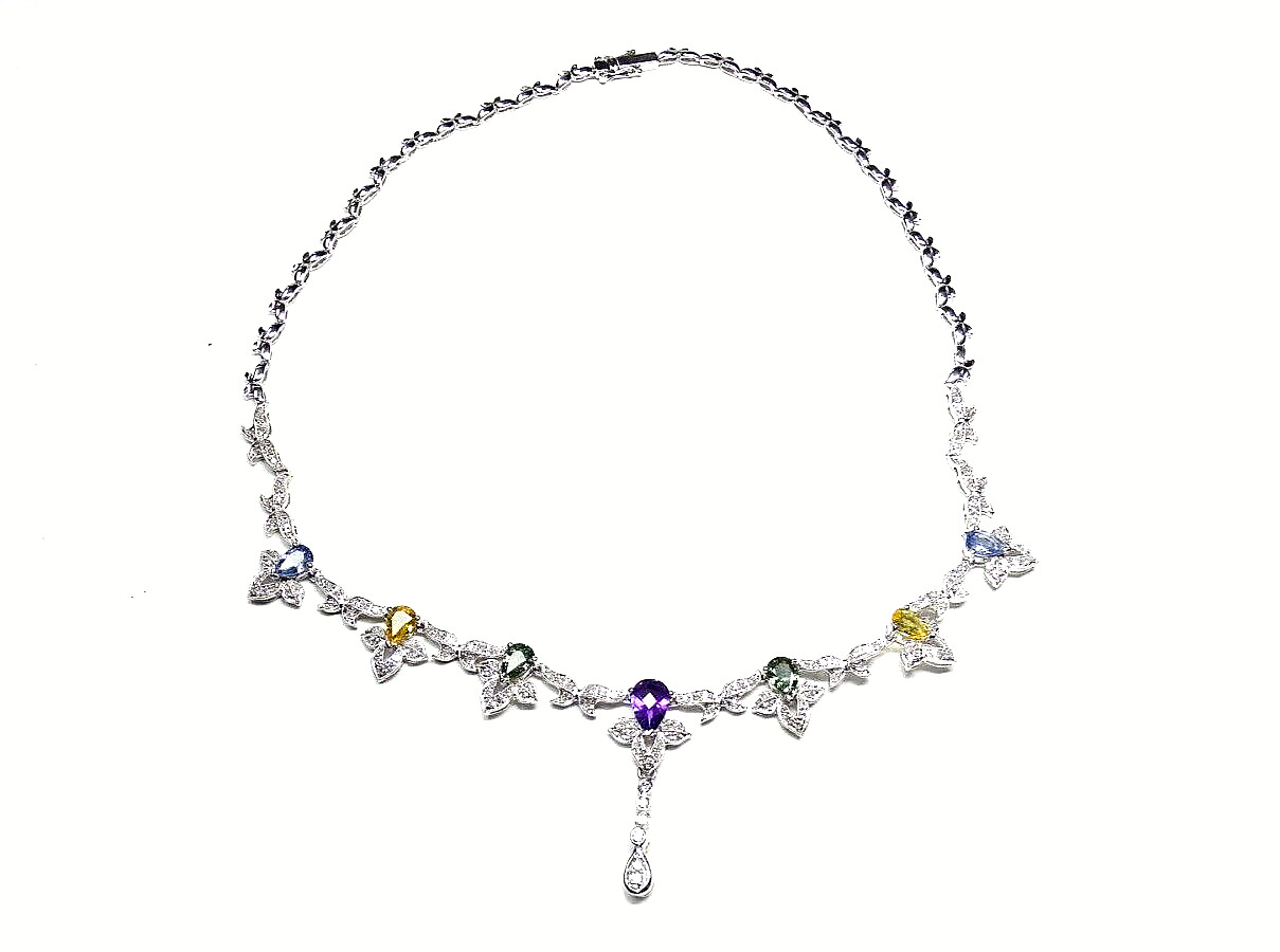 Gorgeous 14K White GOLD Multi SApphire Amethyst AND DIAMOND NECKLACE 7.50 CTs