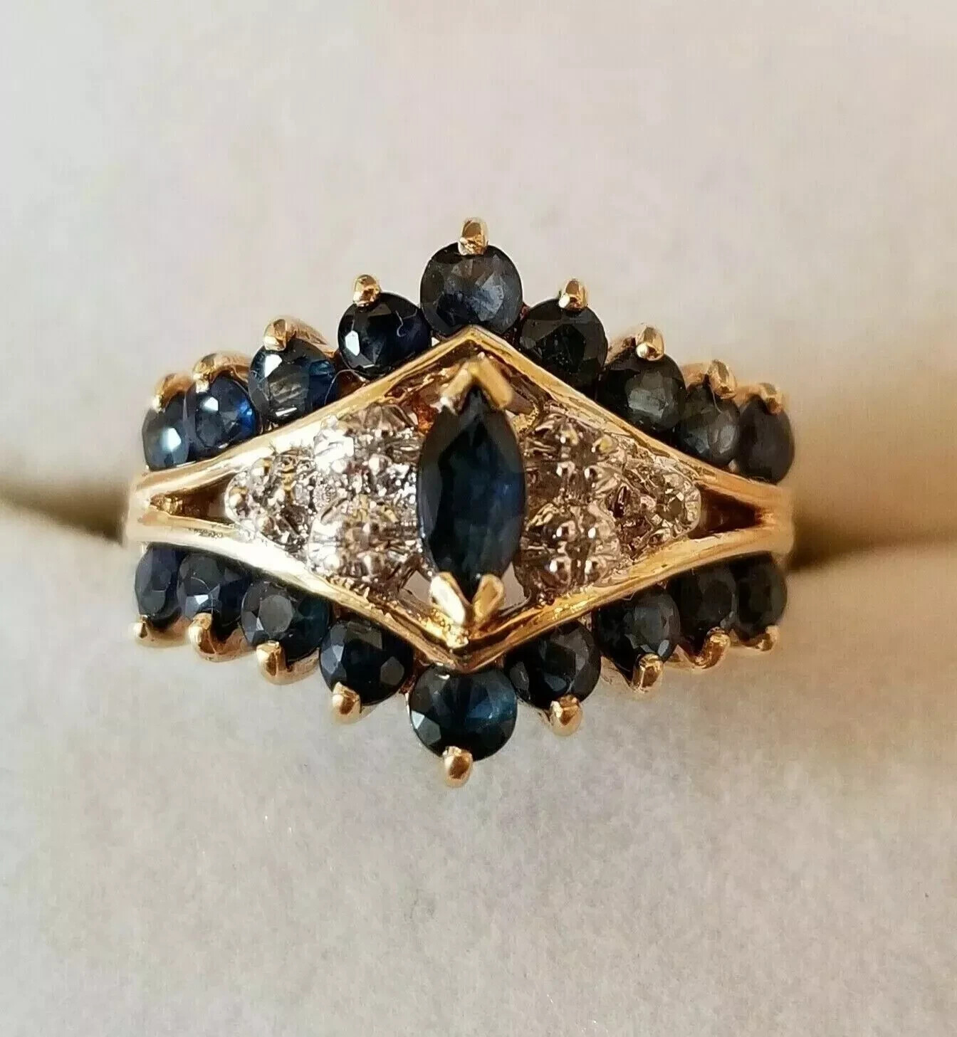 Art Deco Style Marquise Sapphire & Lab Created Diamond 14K Yellow Gold FN Ring