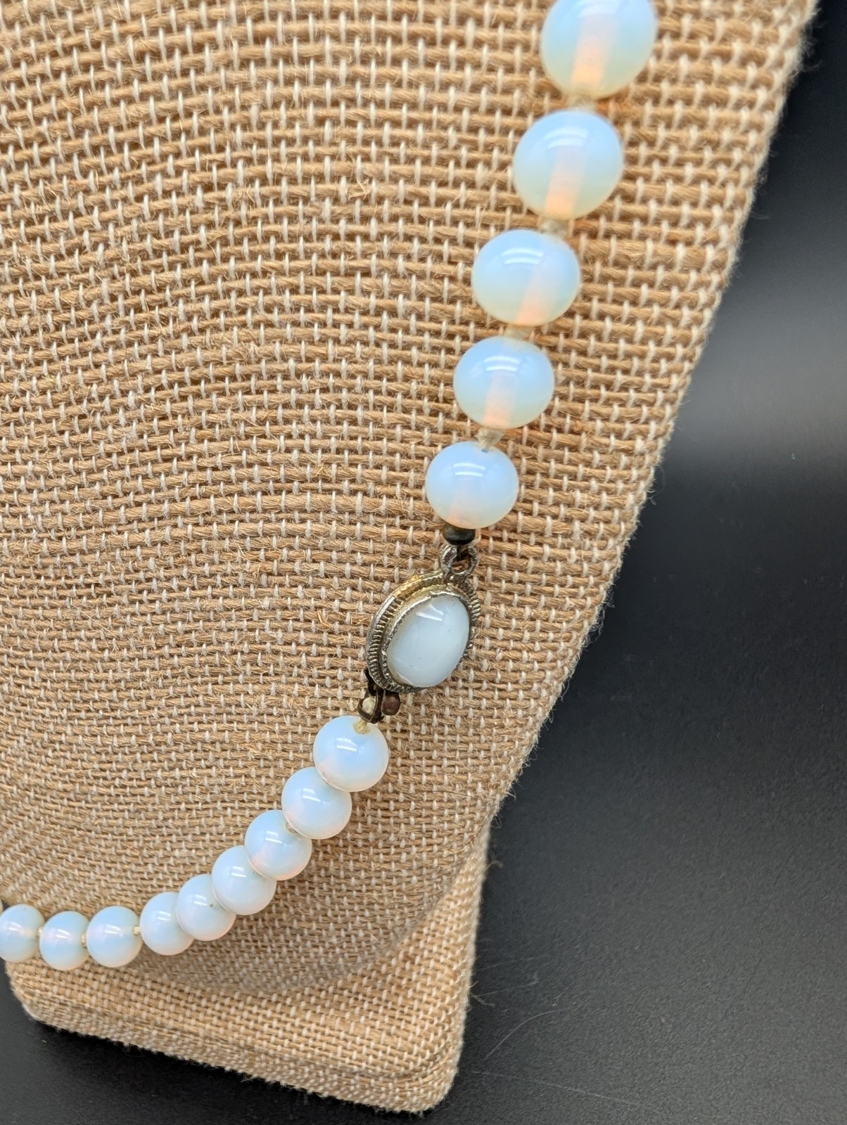 VINTAGE OPALITE OR OPALINE OPALESCENT GLASS BEAD NECKLACE HAND KNOTTED 23″