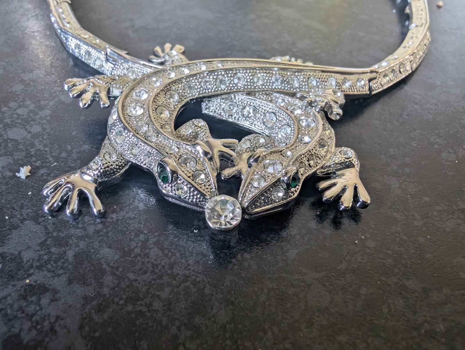 Vtg Snake Necklece 116g Double Lizard Crystal Collar Statement Choker