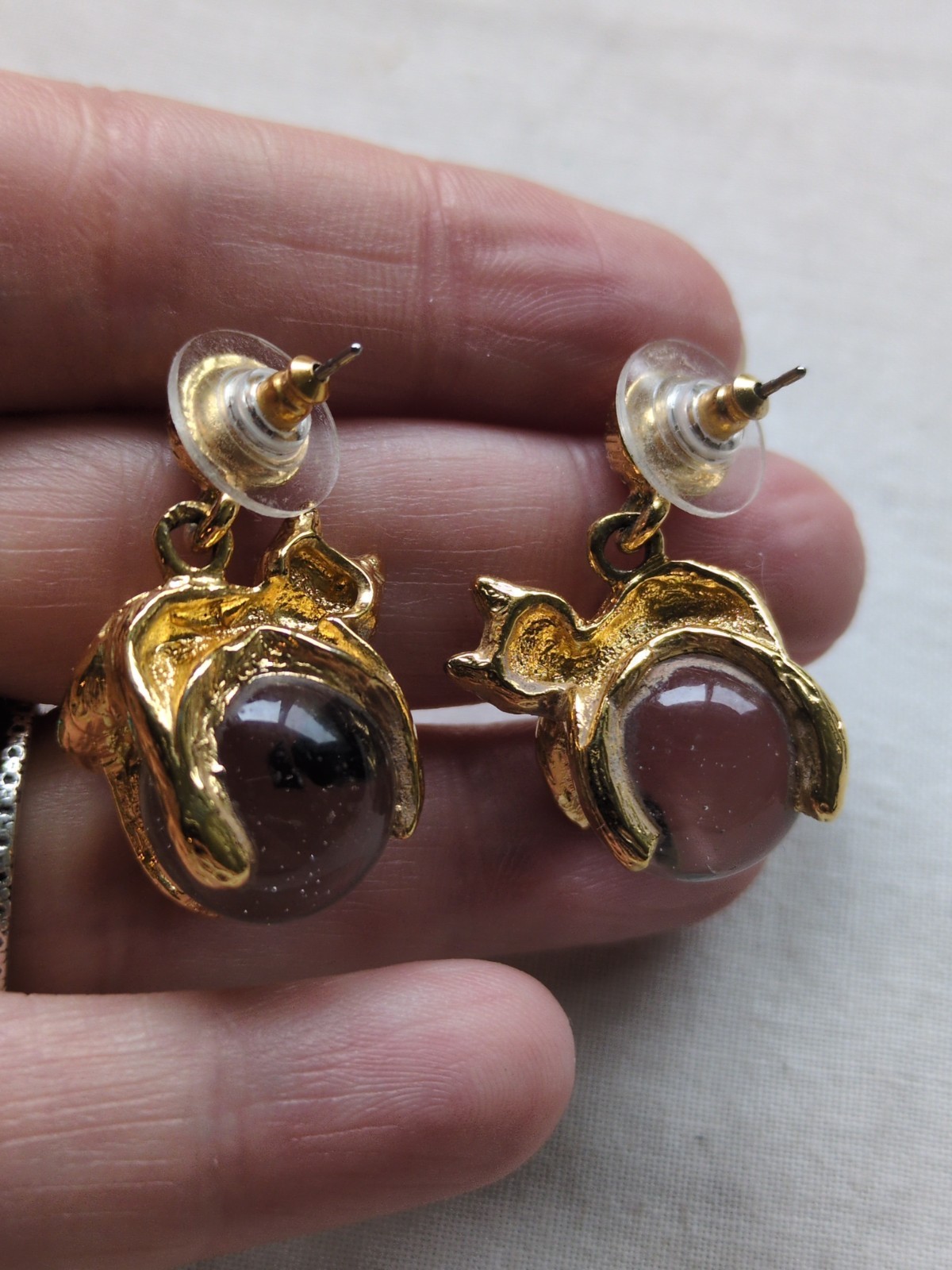 Vintage Cat Pool Of Light Gold Plate Earrings, Crystal Eyes