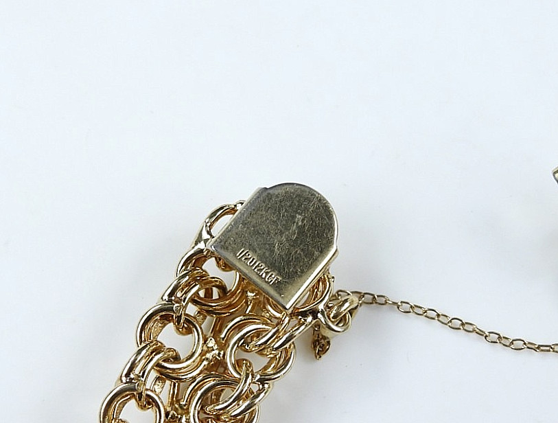 Vintage 12K Gold Filled Rare Fancy Charm Bracelet Chunky Curb Link Safety Chain
