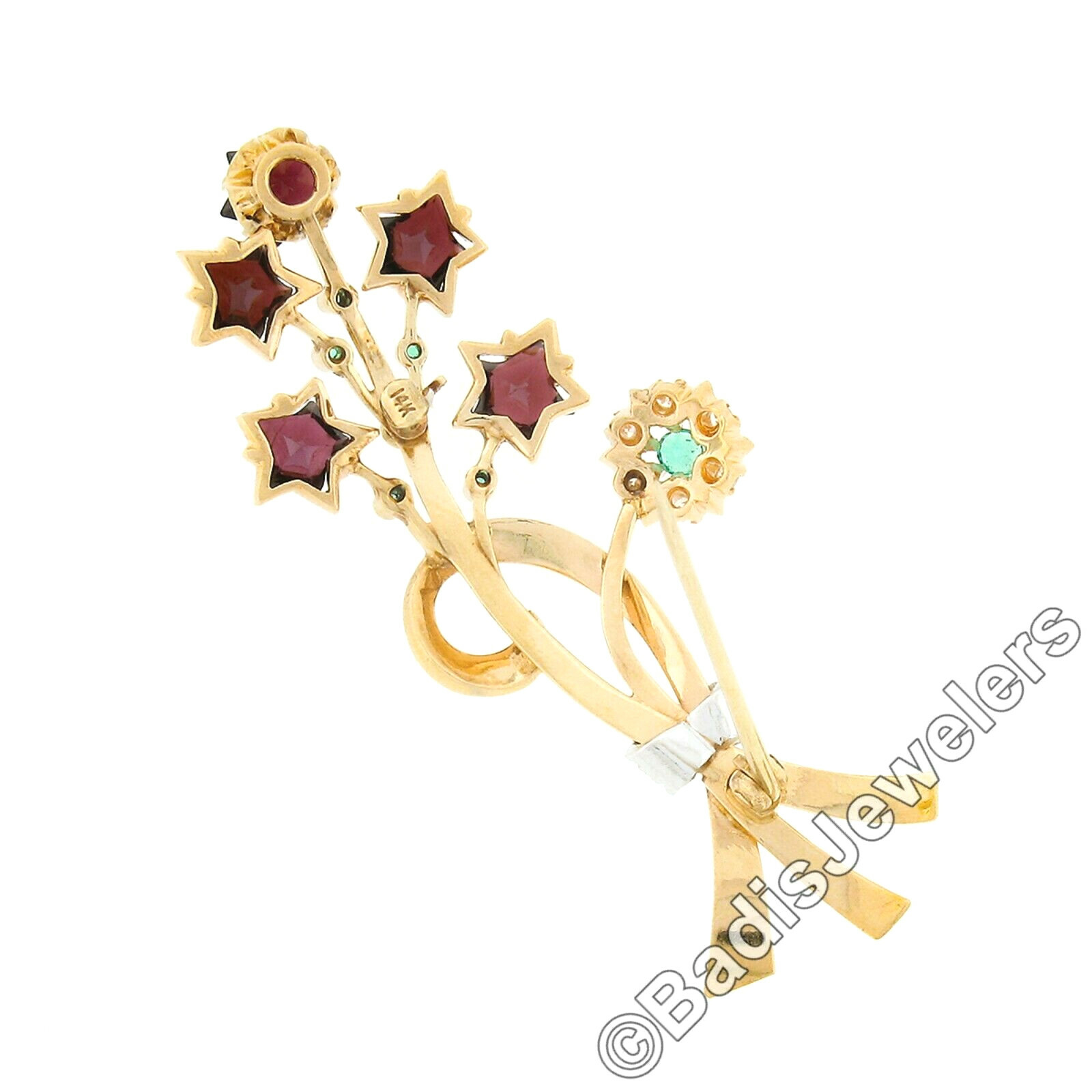 Unique Vintage 14k Gold Custom Star Garnet Emerald Diamond Bundle Bouquet Brooch