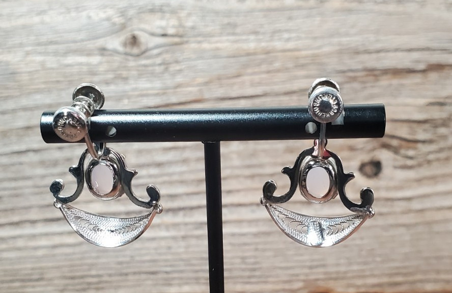Vintage Sorrento Sterling Silver Screw Back Oval Rose Cabochon Dangle Earring