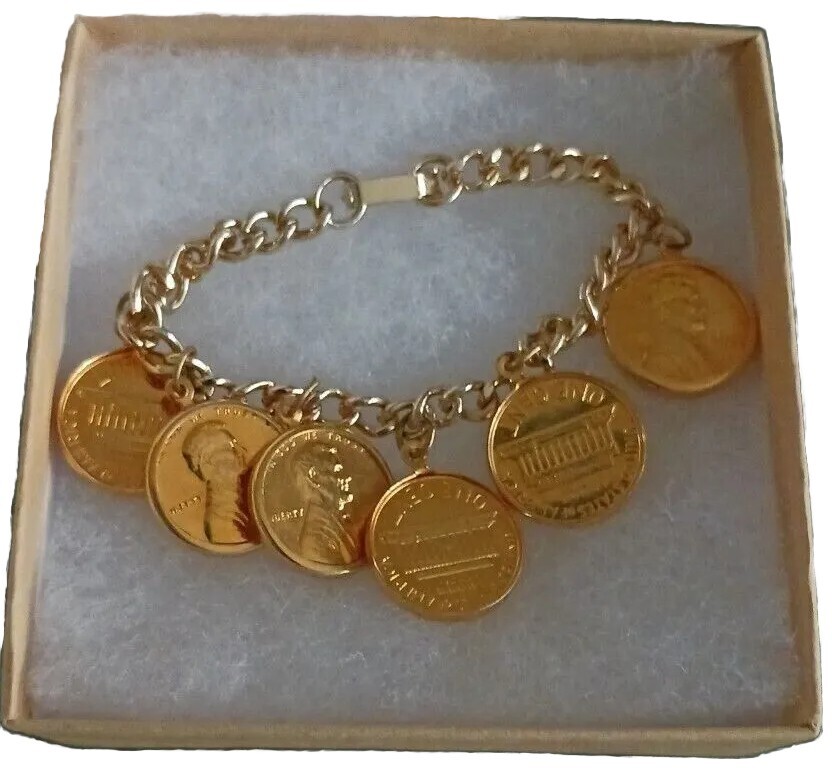 Goldtone Penny Coin Charm Bracelet 1973 Anniversary BIrthday Gift 6 Pennies