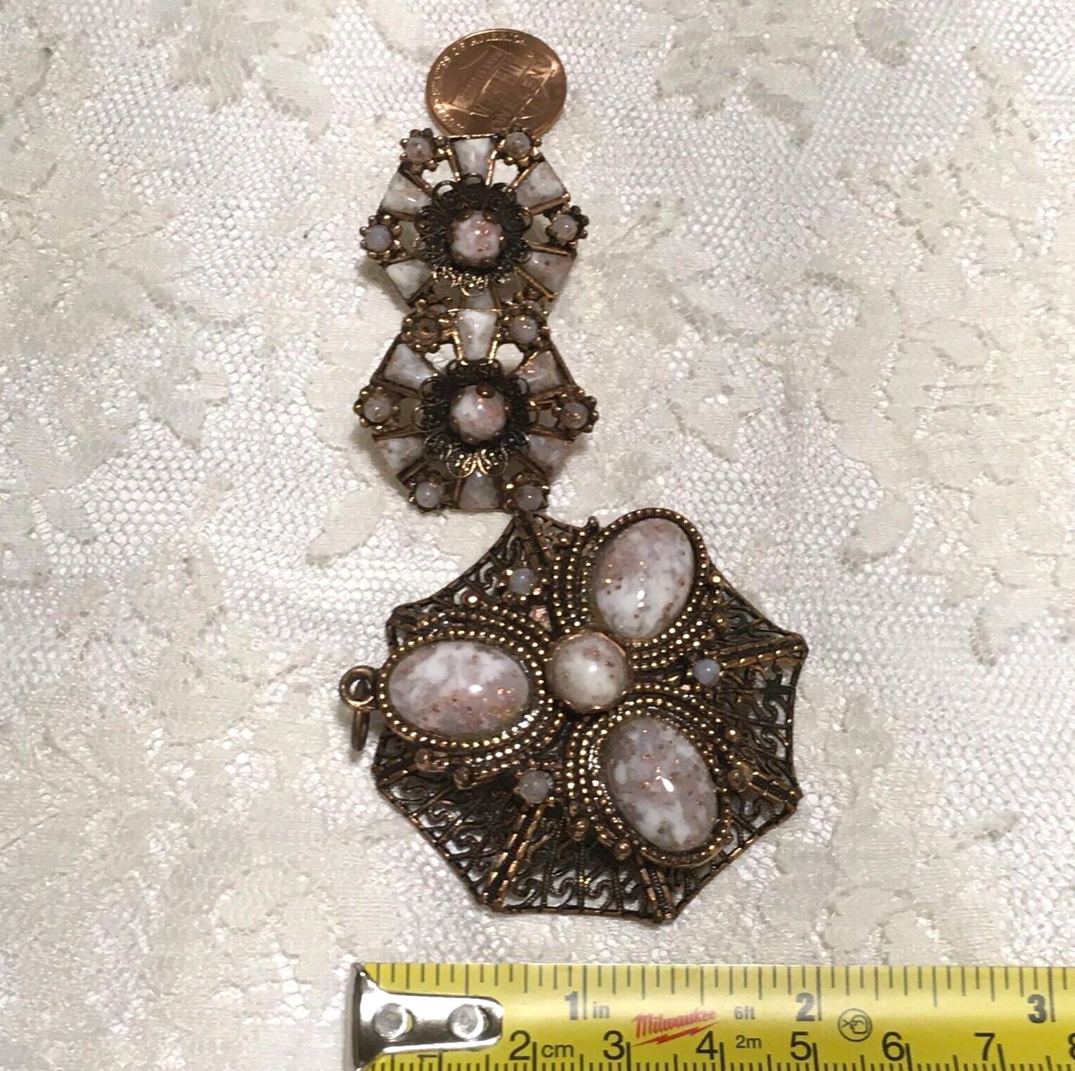Vintage Clip On Earrings and Pendant Copper Tone Glitter Resin Stones *Missing 1