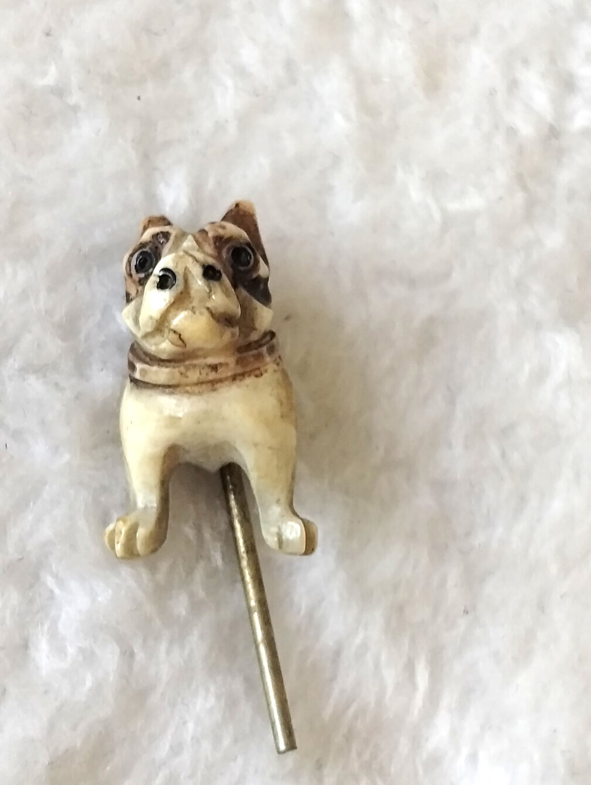 Vintage Bulldog Dog Figural Stick Pin Hat Pin Lapel Pin Carved Ivory Look