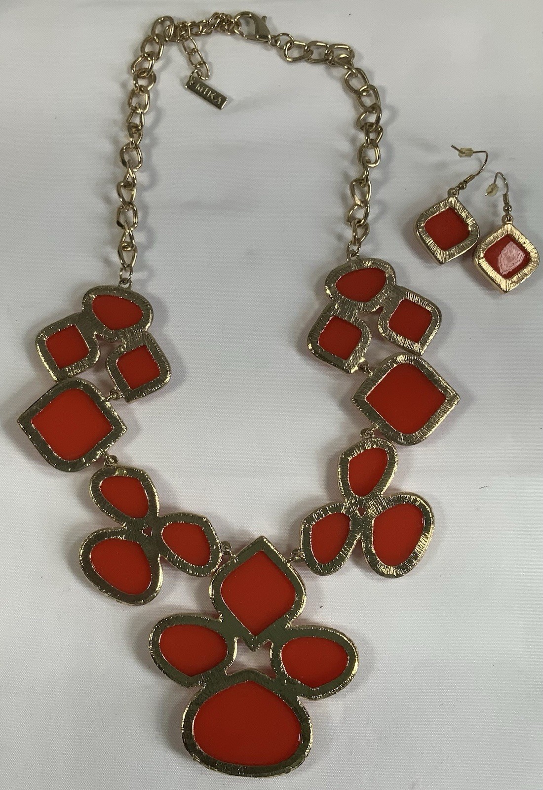 Vintage Mika Red Gold Tone Bib Statement Necklace & Earrings Set