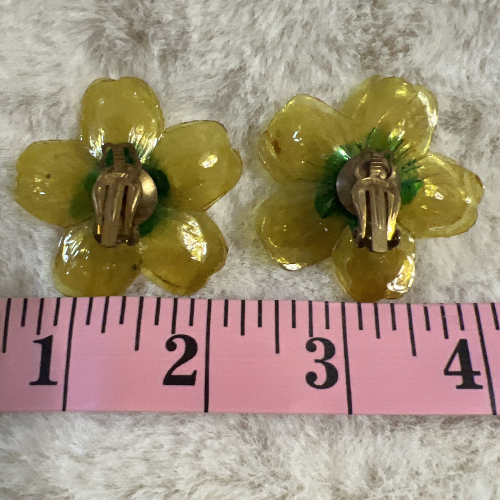 Vintage Cellulose Acetate Yellow Double Layer Petal Floral Clip On Earrings