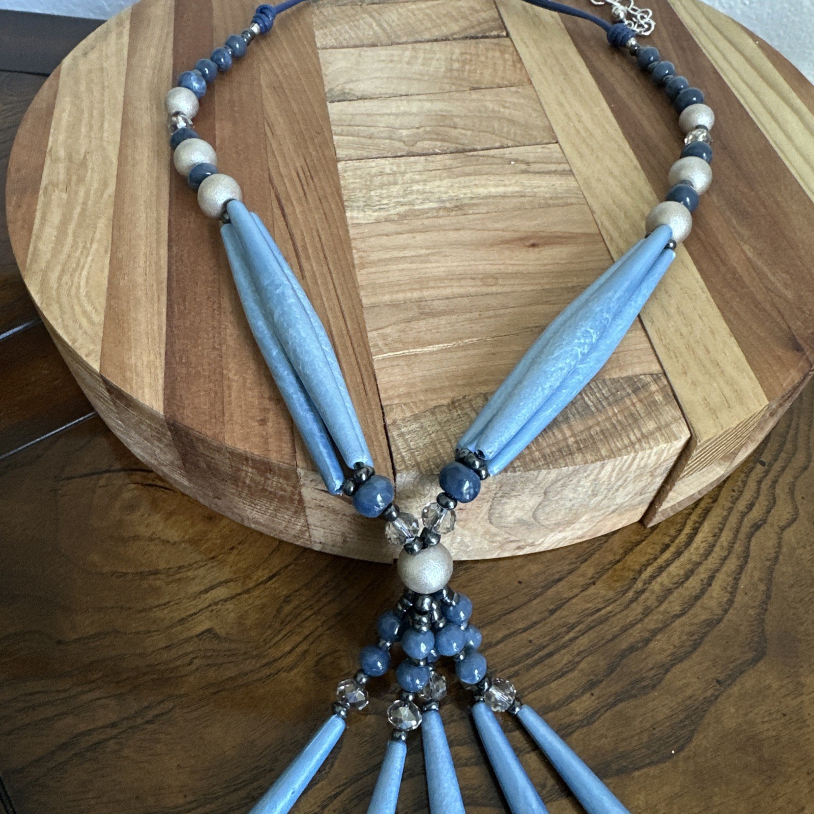 Chicos Statement Waterfall Necklace 29 Inch Acrylic Crystal Beaded Blue Silver