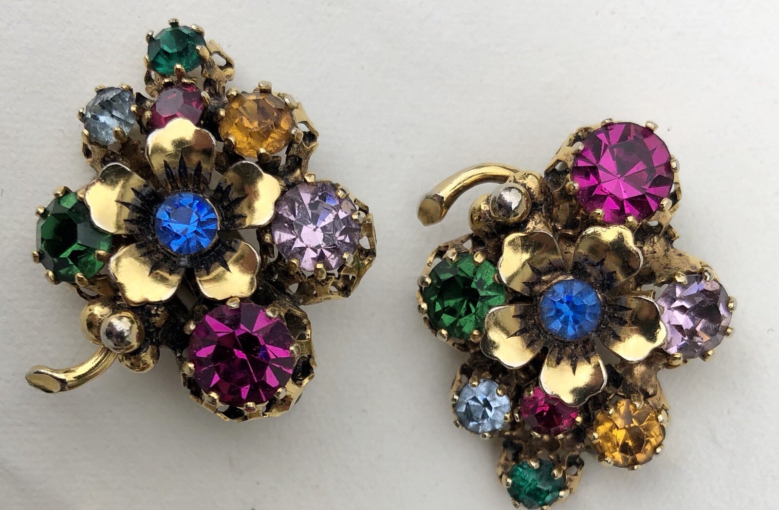 Vintage Austria Multi Color Rhinestones Flower Brooch & Clip Earrings Set