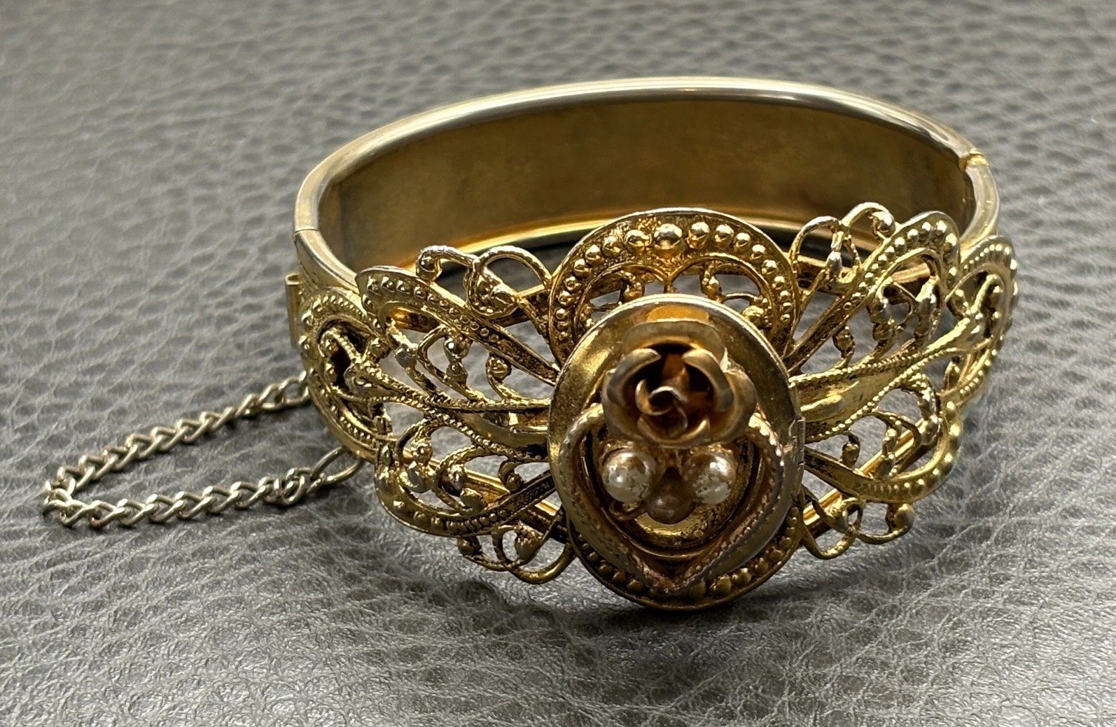 Vintage Gold Tone Filigree Bangle Bracelet Pearl Accents Rose Motif Hinged