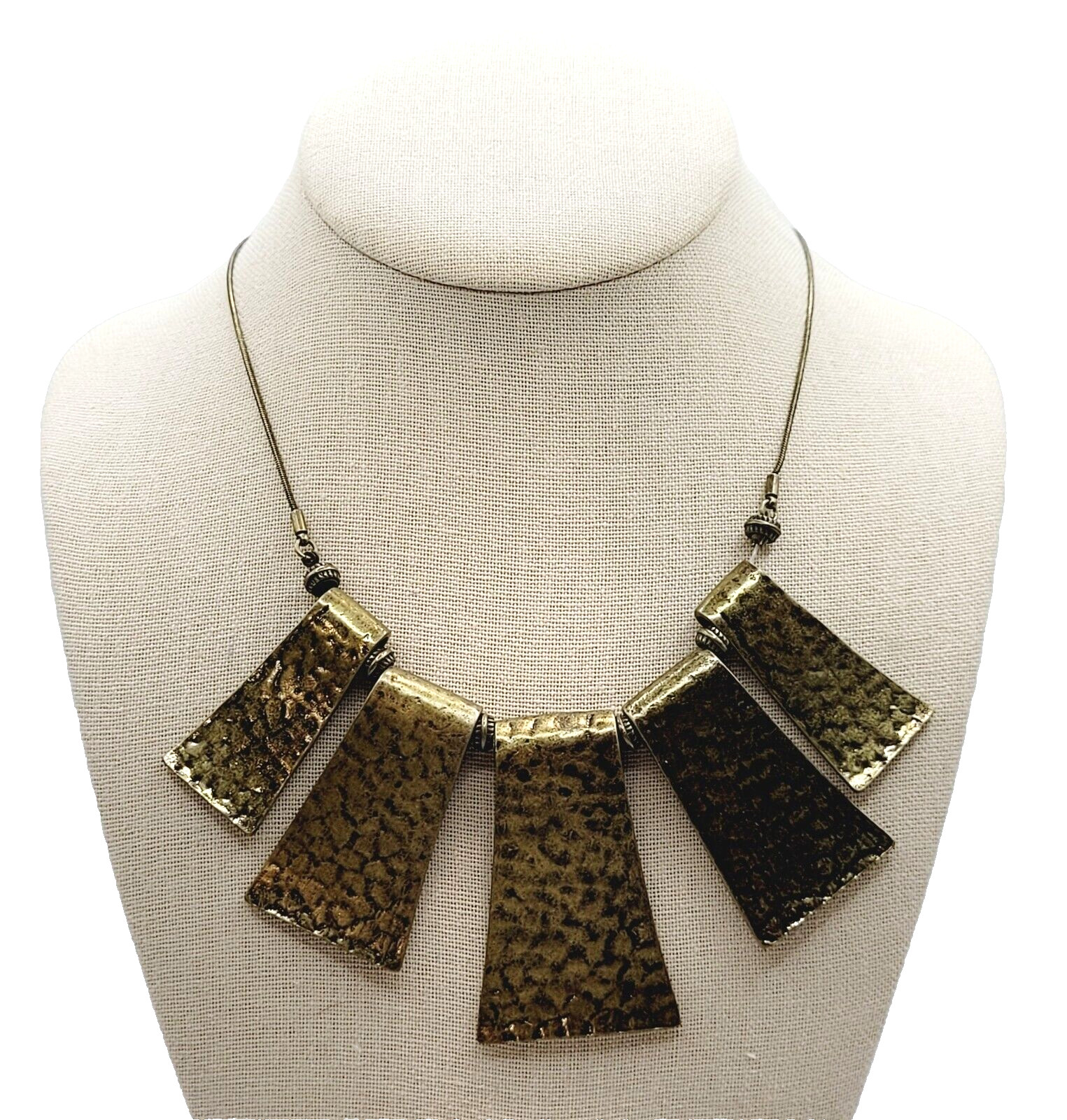 Exotic Hammered Style 5 Metal Plate Bib Necklace Brutalist Cleopatra Look 21 In