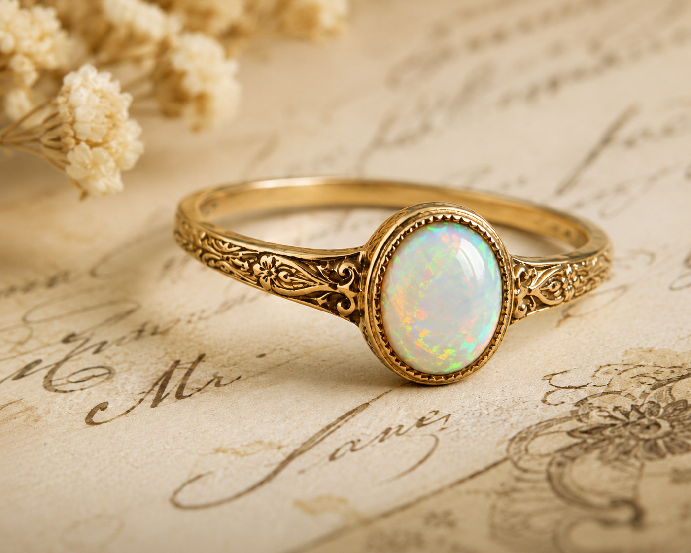 ✨ Vintage Engraved Opal Ring • Elegant Thin Band • Handmade Look