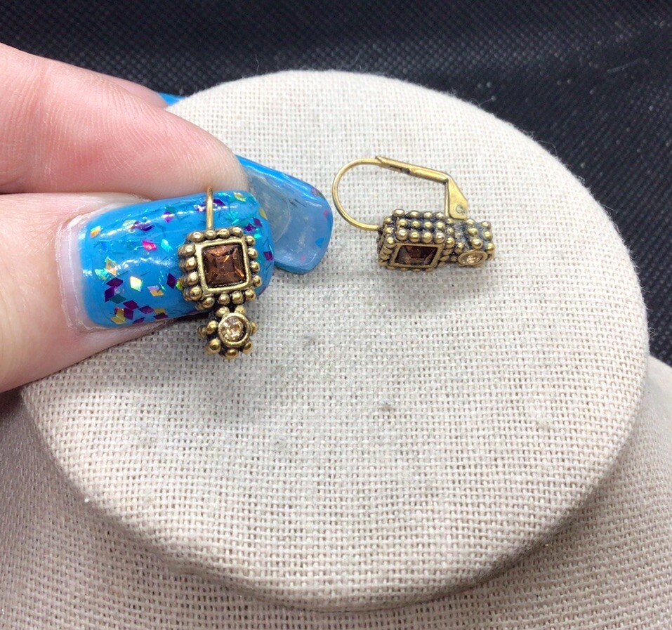 Vintage Costume Yellow & Golden Brown Rhinestone Drop Earrings C980