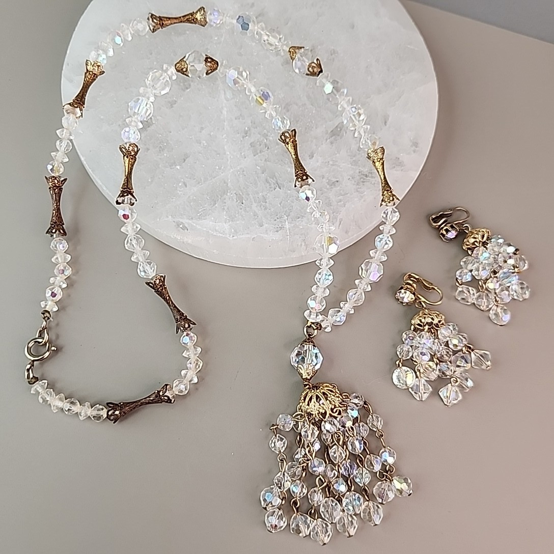 Vintage AB Glass Beaded Tassel Necklace Earrings Set Gold Tone Bar Links 26″