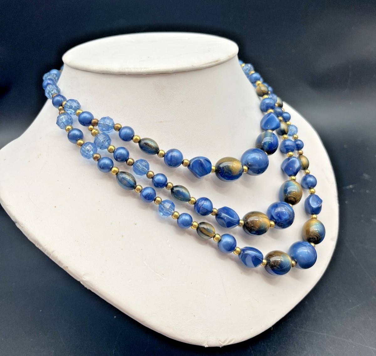 Vintage 3 Strand Cobalt Blue Lucite Bead Choker Bib Necklace (Japan/Hong Kong)