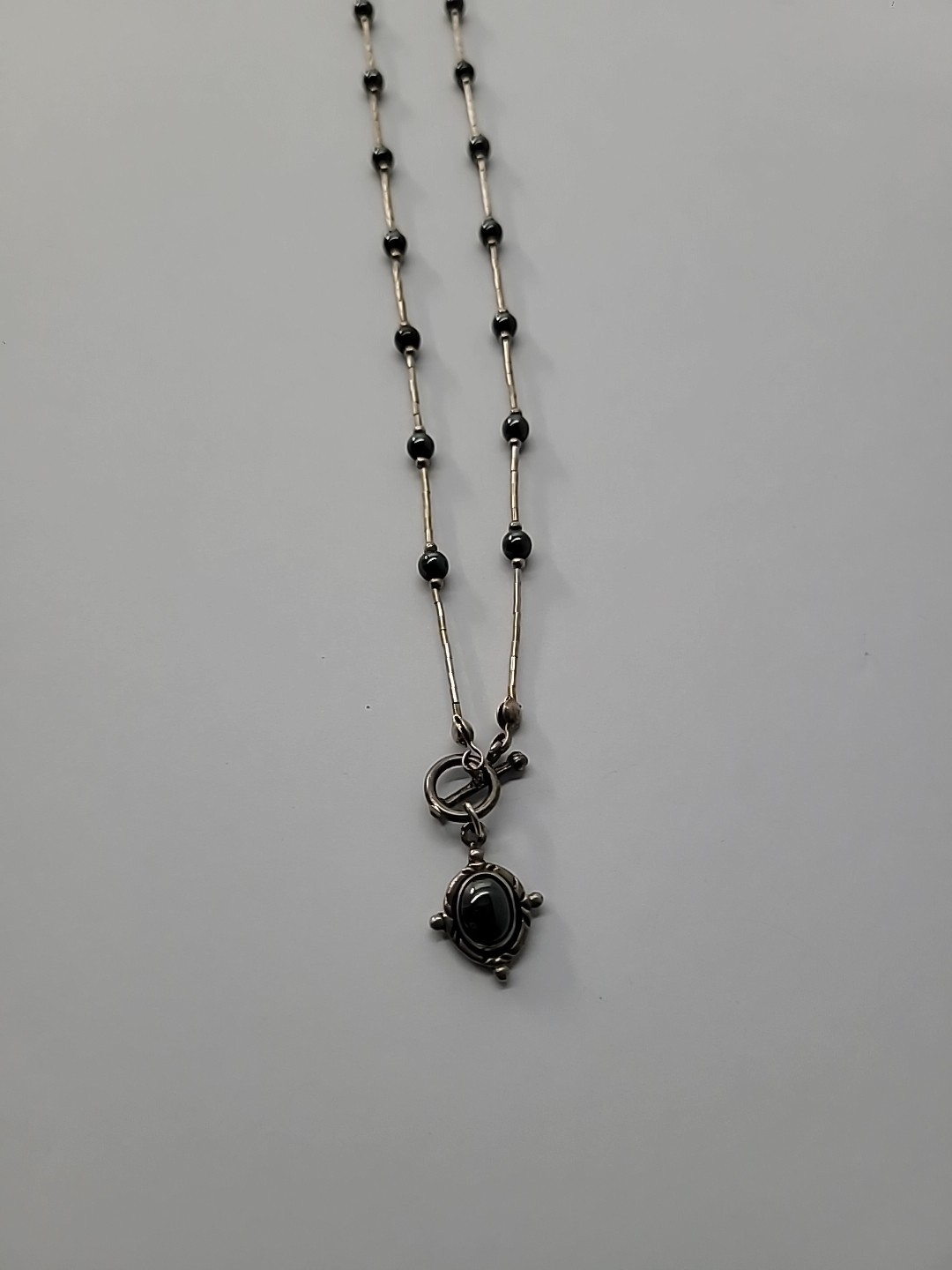 Vintage Silver Tone Hematite Pendant Necklace Bar Beaded Toggle Jewelry