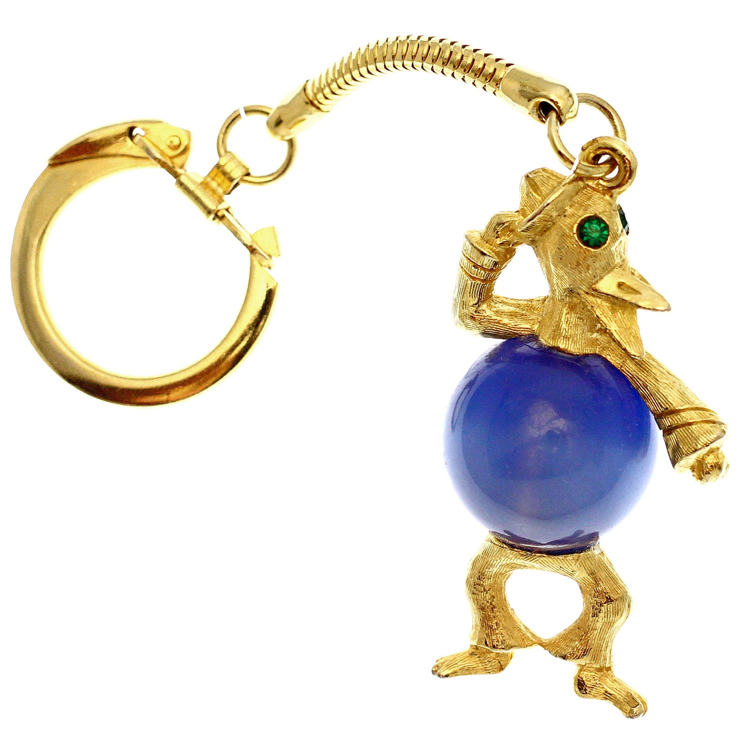 Vintage Edlee Keychain Gold Tone Rhinestone Duck Blue Moonglow Lucite Belly