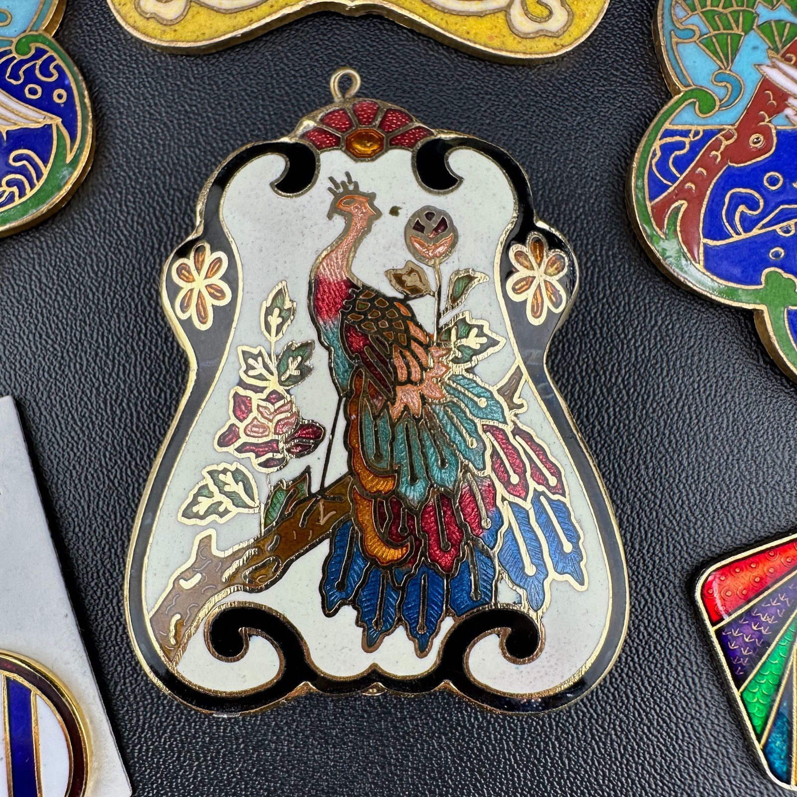 Vintage Cloisonne Enamel Pendant Lot LG Heavy Medallions Puffy Peacock WWII 71st