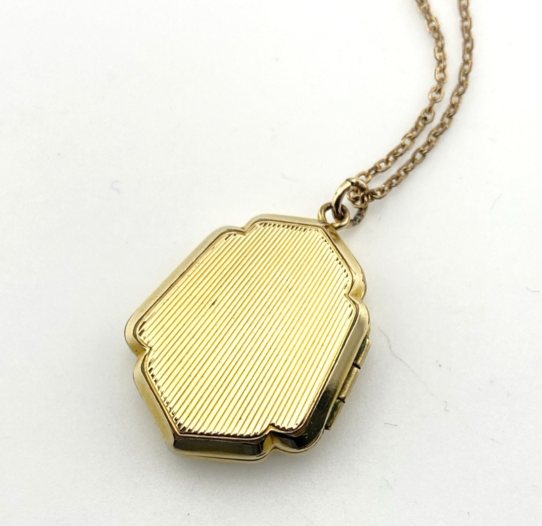 Antique Edwardian Gold Filled Shield Locket Necklace Floral Engraved 21 In