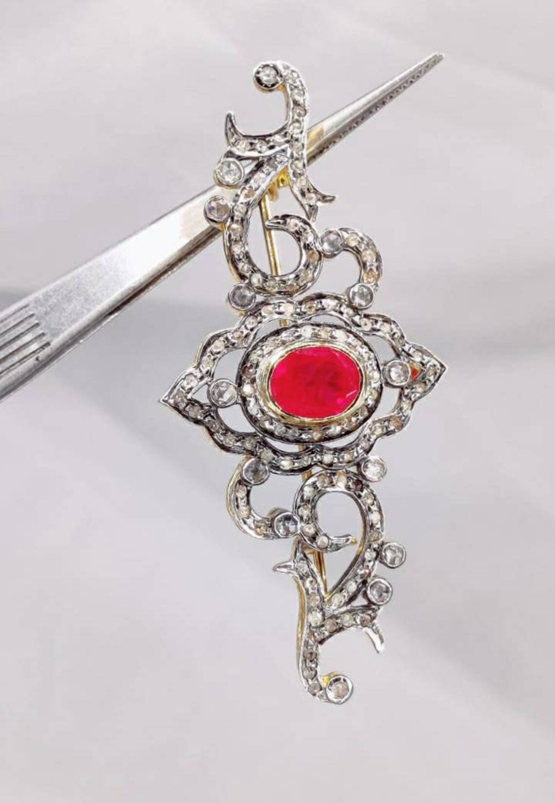 Victorian Ruby Bow Brooch Pin Rose Cut Diamond 925 Sterling Silver Antique Gift