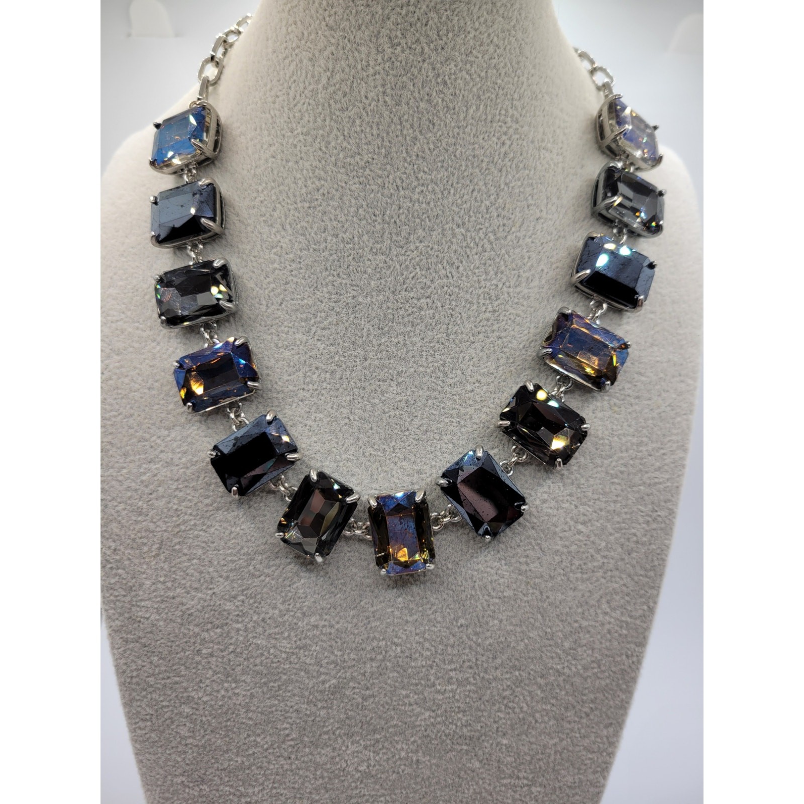 Smoky Glass Necklace AB Prong Set Stones 18″ Adjustable Statement READ