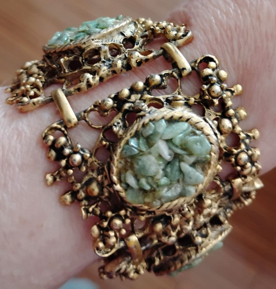 Chunky Vintage Faux Jade Chips Heavy Link Bracelet
