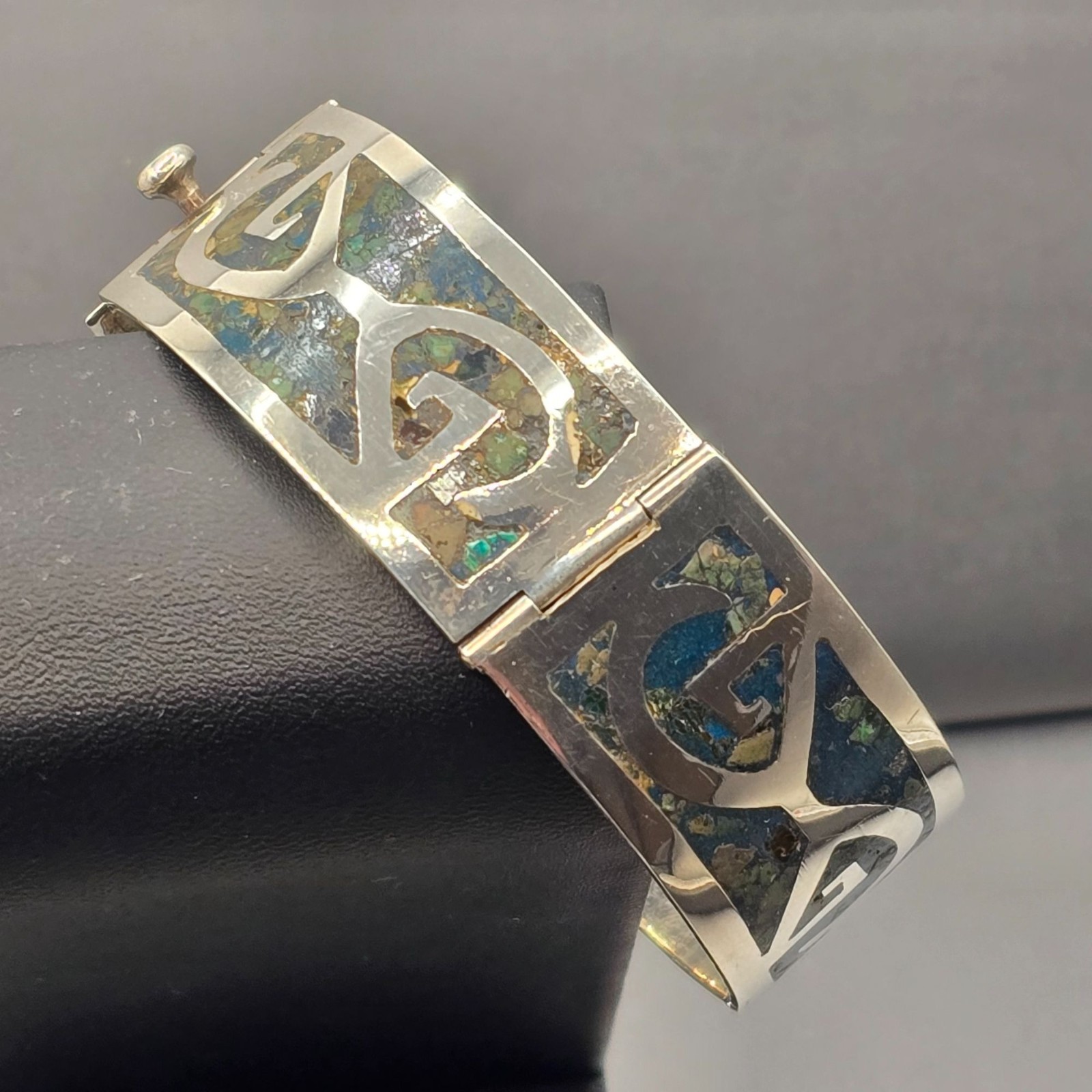 Vintage Taxco Sterling Silver Turquoise Inlay Bracelet 7″ Eagle 3 Signed AMD 30g