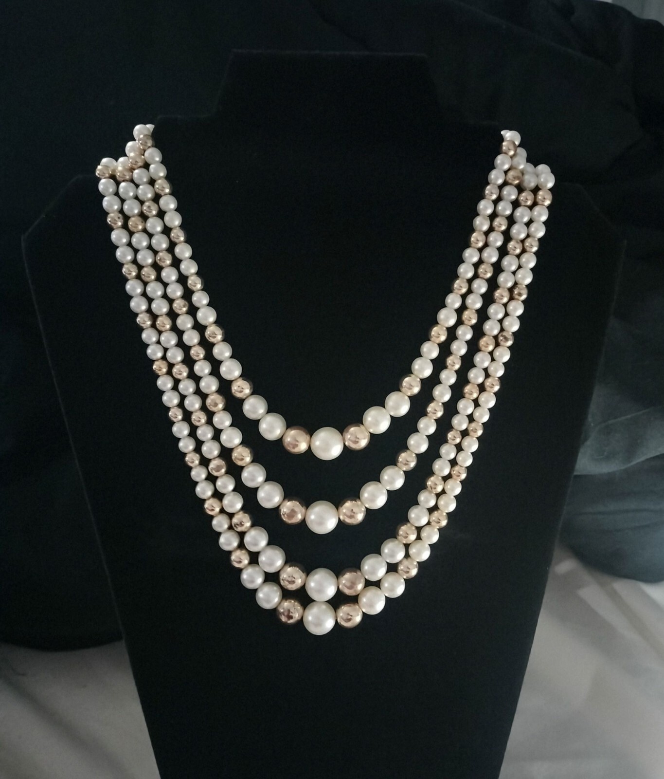 Vintage Multi Strand Faux Pearl Necklace White Gold Tone Decorative Hook Clasp 1