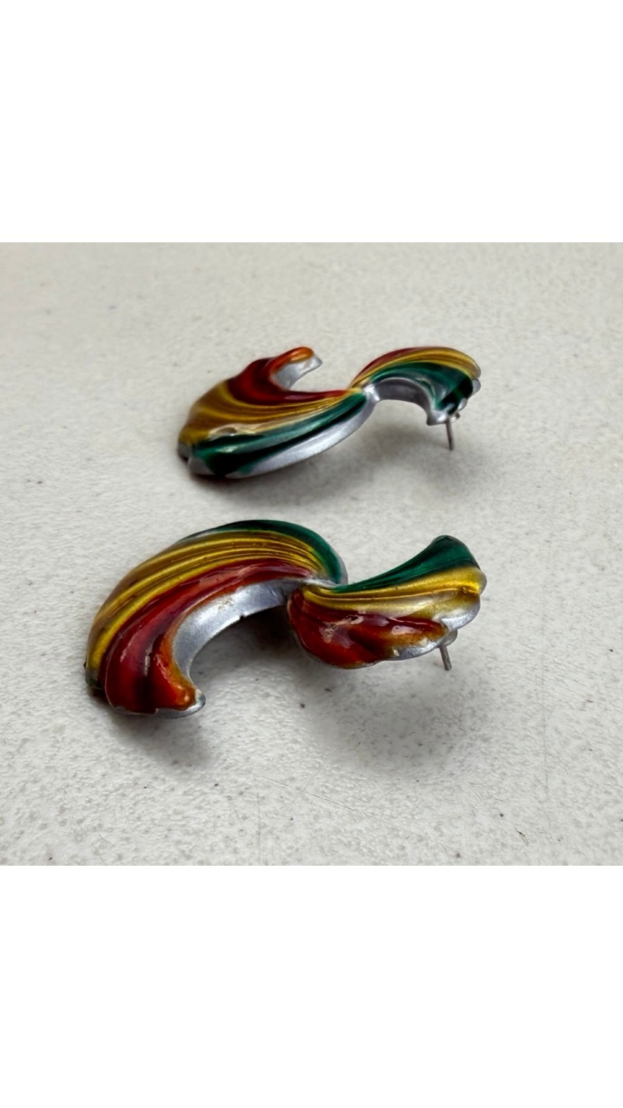 Vintage Rainbow Earrings 1990s Swirl Thin Enamel Colorful Pierced Earrings